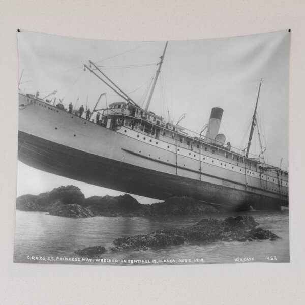 Item preview, Shipwrecked, S.S. Princess May wrecked on August 5, 1910 funny nautical maritime black and white vintage photographic art print designed and sold by Astrid Arkhangelsky.