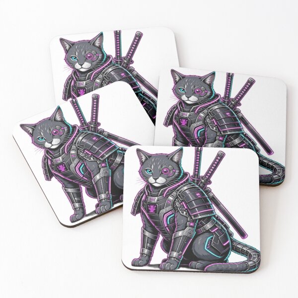 Item preview, Cyberpunk Sitting Ninja Cat - Cybernetic Eye Patch & Dual Katana Sticker designed and sold by CyberPaws Art.