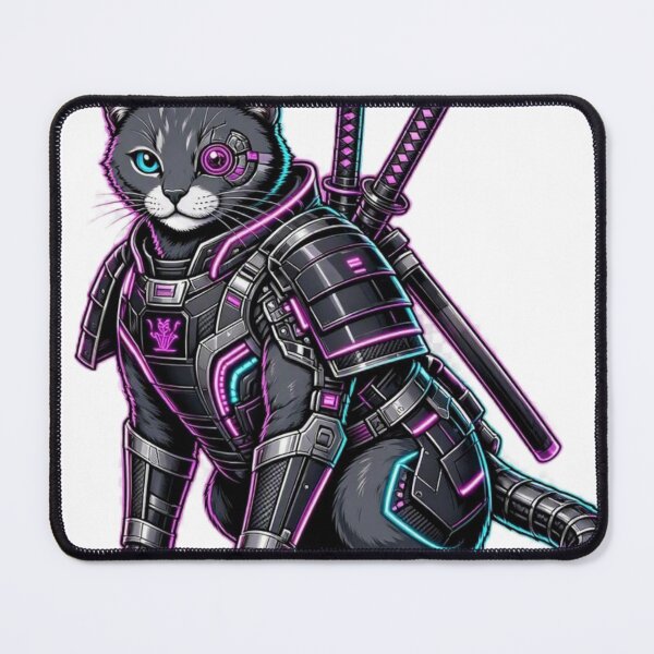 Item preview, Cyberpunk Sitting Ninja Cat - Cybernetic Eye Patch & Dual Katana Sticker designed and sold by CyberPaws Art.