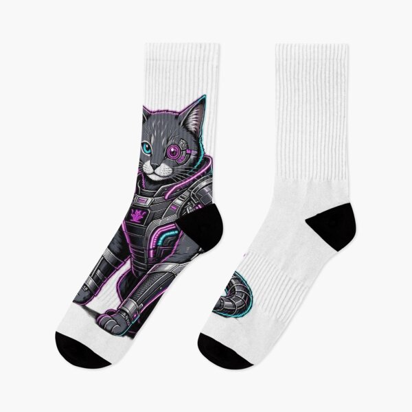 Item preview, Cyberpunk Sitting Ninja Cat - Cybernetic Eye Patch & Dual Katana Sticker designed and sold by CyberPaws Art.
