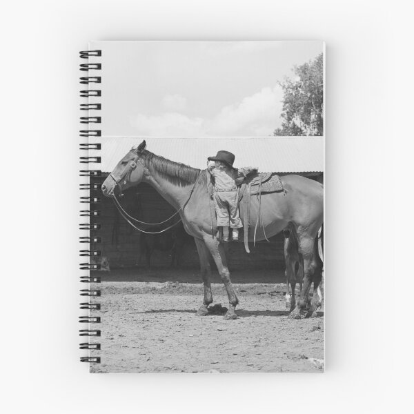 Item preview, Humorous little girl trying to mount a mare equine horse Warren Brewster ranch, Montana vintage black and white photograph designed and sold by Astrid Arkhangelsky.