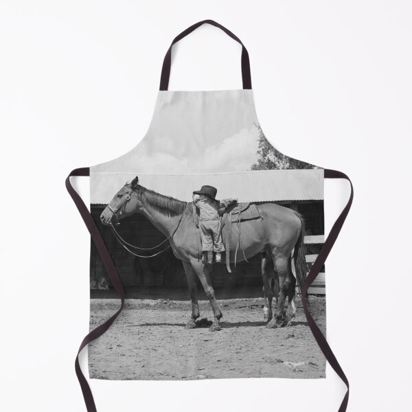 Item preview, Humorous little girl trying to mount a mare equine horse Warren Brewster ranch, Montana vintage black and white photograph designed and sold by Astrid Arkhangelsky.