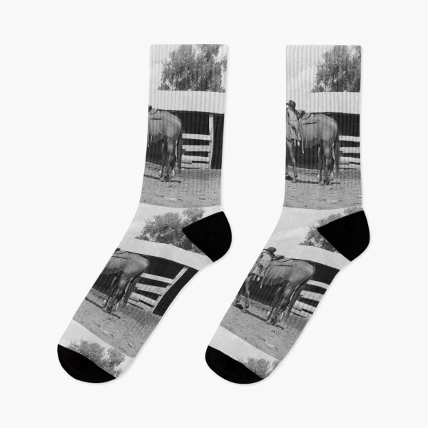 Item preview, Humorous little girl trying to mount a mare equine horse Warren Brewster ranch, Montana vintage black and white photograph designed and sold by Astrid Arkhangelsky.