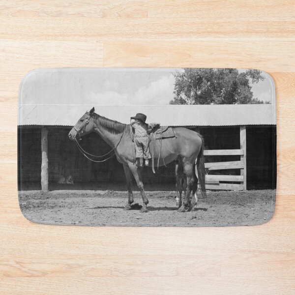 Item preview, Humorous little girl trying to mount a mare equine horse Warren Brewster ranch, Montana vintage black and white photograph designed and sold by Astrid Arkhangelsky.