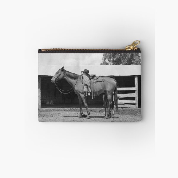 Item preview, Humorous little girl trying to mount a mare equine horse Warren Brewster ranch, Montana vintage black and white photograph designed and sold by Astrid Arkhangelsky.
