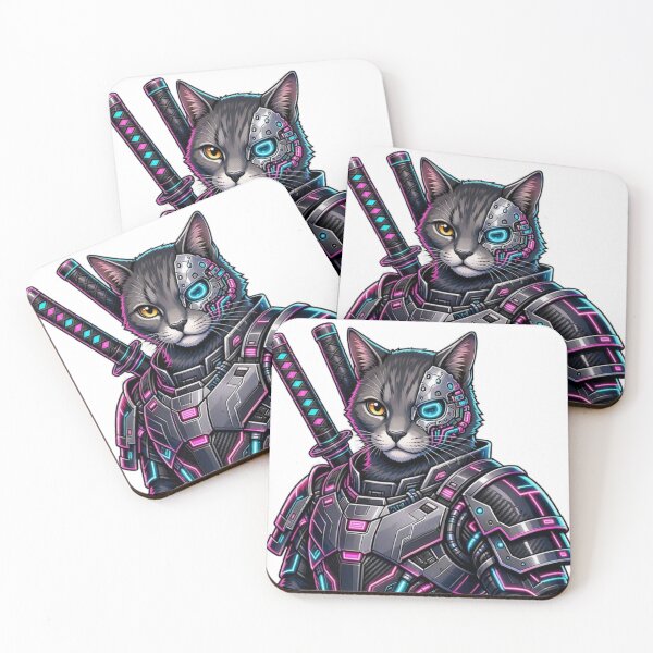 Item preview, Cyborg Cyberpunk Ninja Cat - Metallic Faceplate & Dual Katana Sticker designed and sold by CyberPaws Art.