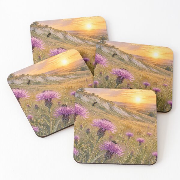 Item preview, Bees & Purple Thistles at Sunset | Watercolour British Countryside designed and sold by ThatSurreyLife.