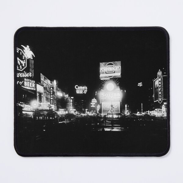 Item preview, Neon lights, Times Square, New York City, circa 1934 night landscape black and white vintage photographic art print designed and sold by Astrid Arkhangelsky.