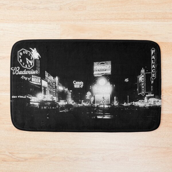 Item preview, Neon lights, Times Square, New York City, circa 1934 night landscape black and white vintage photographic art print designed and sold by Astrid Arkhangelsky.