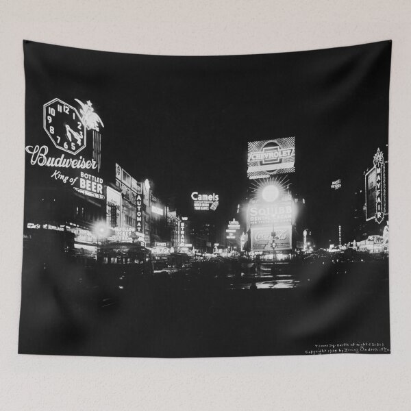 Item preview, Neon lights, Times Square, New York City, circa 1934 night landscape black and white vintage photographic art print designed and sold by Astrid Arkhangelsky.