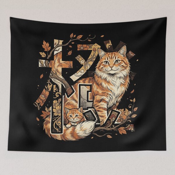 Item preview, Orange Tabby Cat Mother and Kitten Japanese Floral Art designed and sold by mood-draftsman.