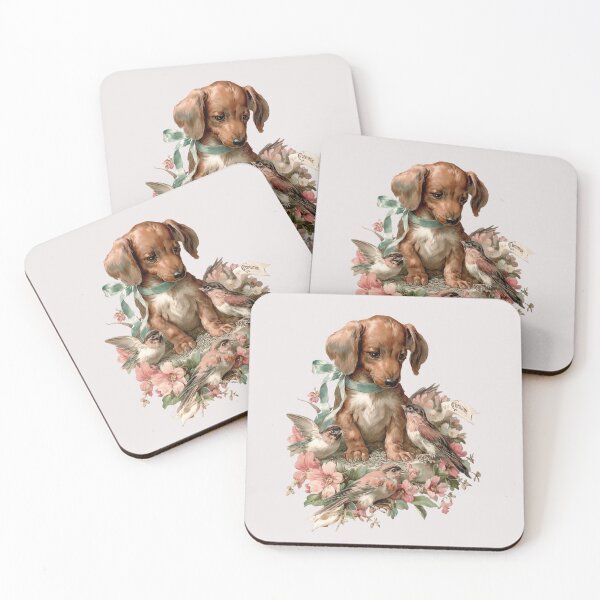 Item preview, intage Dachshund Puppy with Little Birds and Flowers - Victorian Dog Art designed and sold by NadinArtStudio.