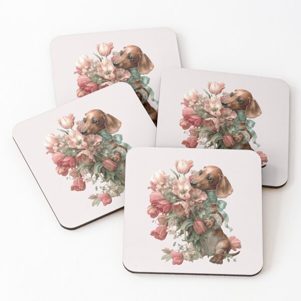 Item preview, Vintage Dachshund with Pink Tulips Bouquet - Cottagecore Dog Art designed and sold by NadinArtStudio.