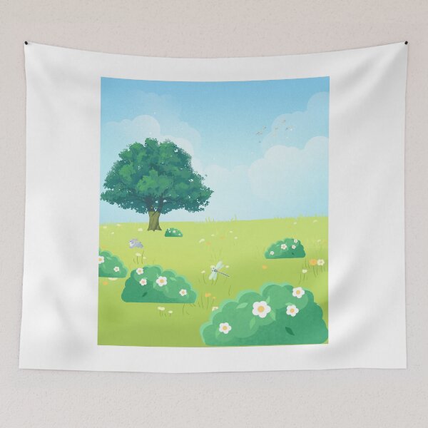 Item preview, Vintage Anime Meadow Landscape - Cozy Ghibli Inspired Cottagecore Tree Print designed and sold by Rehnair.