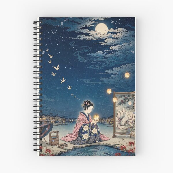Item preview, Geisha with Lantern Under Moonlit Sky | Ukiyo-e Style Kitsune Art designed and sold by dalilashops.
