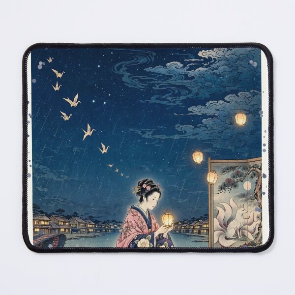 Item preview, Geisha with Lantern Under Moonlit Sky | Ukiyo-e Style Kitsune Art designed and sold by dalilashops.