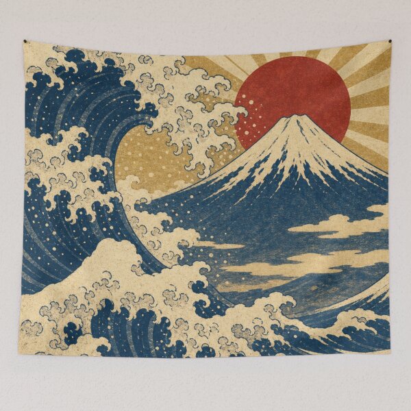 Item preview, The Great Wave and Mount Fuji with Red Rising Sun - Vintage Japanese Ukiyo-e Style designed and sold by vekotpu.
