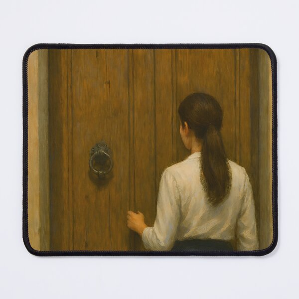 Item preview, Woman Standing Before Ornate Wooden Door designed and sold by PandaTShirtShop.