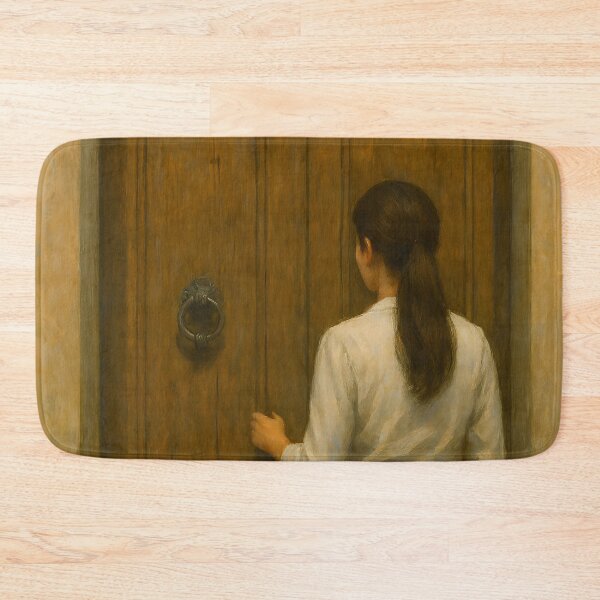 Item preview, Woman Standing Before Ornate Wooden Door designed and sold by PandaTShirtShop.