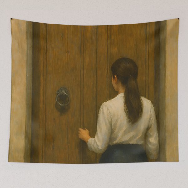 Item preview, Woman Standing Before Ornate Wooden Door designed and sold by PandaTShirtShop.