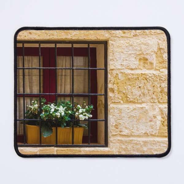 Item preview, Window With Barred Window Box Of White Flowers In A Yellow Stone Wall designed and sold by Nmallia.