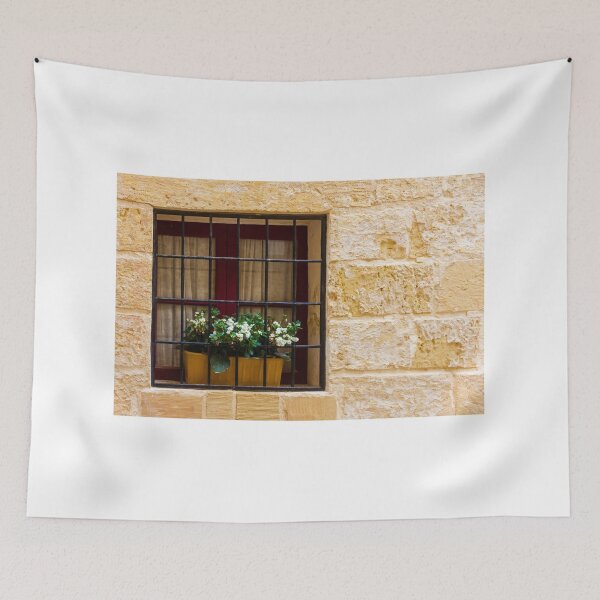Item preview, Window With Barred Window Box Of White Flowers In A Yellow Stone Wall designed and sold by Nmallia.