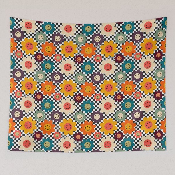 Item preview, Retro Smiley Flowers on Checkerboard – Mod Y2K Daisy Grid Pattern designed and sold by Frohyou.