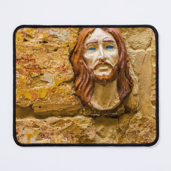 Item preview, Weathered Stone Wall With Embedded Ceramic Jesus Head Portrait Sculpture in Warm Tones designed and sold by Nmallia.