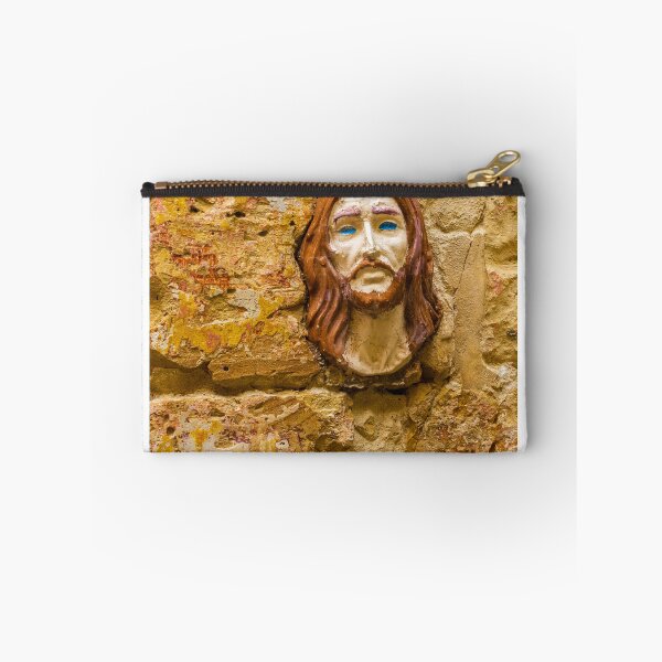 Item preview, Weathered Stone Wall With Embedded Ceramic Jesus Head Portrait Sculpture in Warm Tones designed and sold by Nmallia.