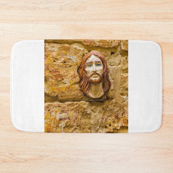 Item preview, Weathered Stone Wall With Embedded Ceramic Jesus Head Portrait Sculpture in Warm Tones designed and sold by Nmallia.