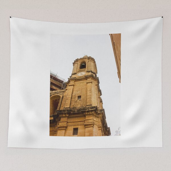 Item preview, Historic Clock Tower In Malta: Golden Stone Facade, Tall Bell Tower With Weathered Exterior designed and sold by Nmallia.