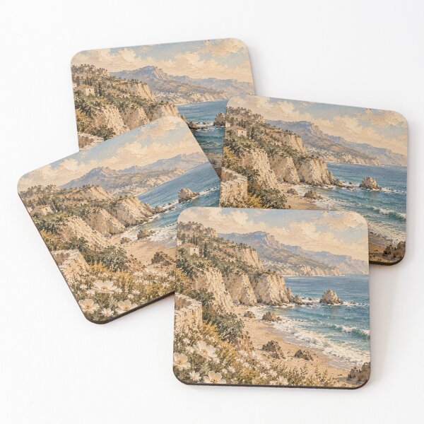 Item preview, Mediterranean Coastal Oil Painting Cliffside Wildflowers Seascape designed and sold by Jozefin's Studio.