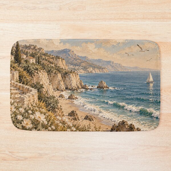 Item preview, Mediterranean Coastal Oil Painting Cliffside Wildflowers Seascape designed and sold by Jozefin's Studio.