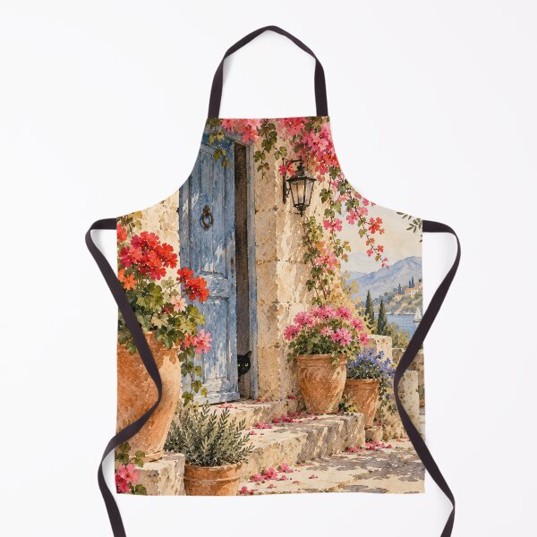 Item preview, Mediterranean Watercolour Doorway Black Cat Bougainvillea designed and sold by Jozefin's Studio.
