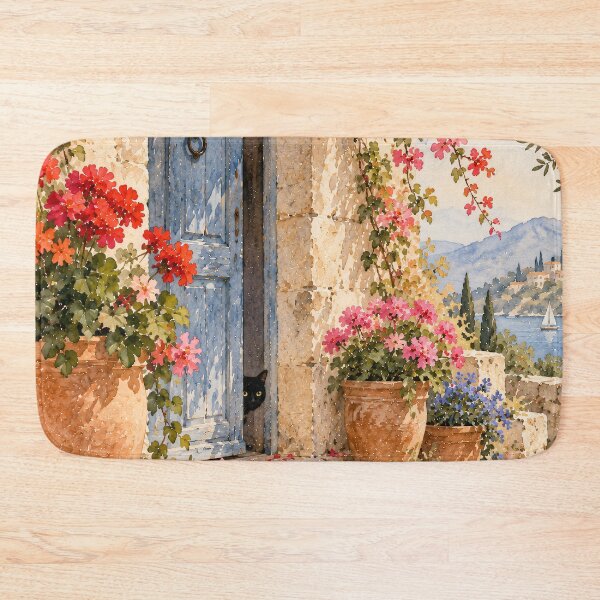 Item preview, Mediterranean Watercolour Doorway Black Cat Bougainvillea designed and sold by Jozefin's Studio.
