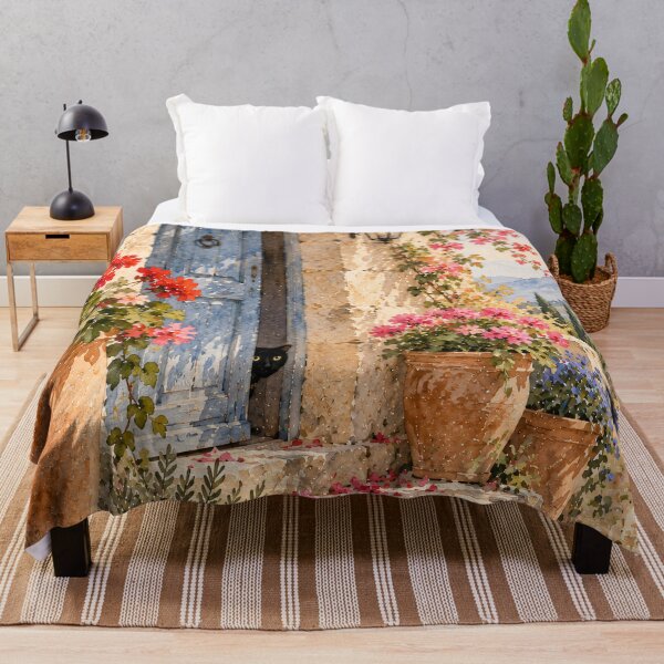 Item preview, Mediterranean Watercolour Doorway Black Cat Bougainvillea designed and sold by Jozefin's Studio.