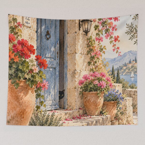 Item preview, Mediterranean Watercolour Doorway Black Cat Bougainvillea designed and sold by Jozefin's Studio.