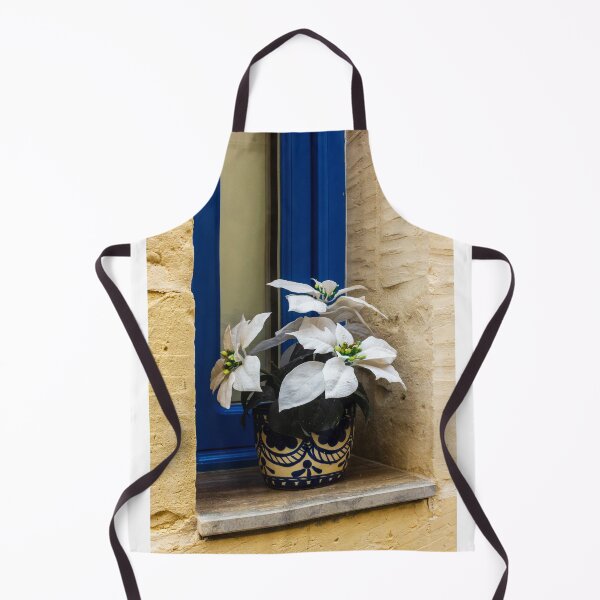 Item preview, Decorative White Plant in Blue Ceramic Pot on Window Sill Against Yellow Brick Wall Facade designed and sold by Nmallia.