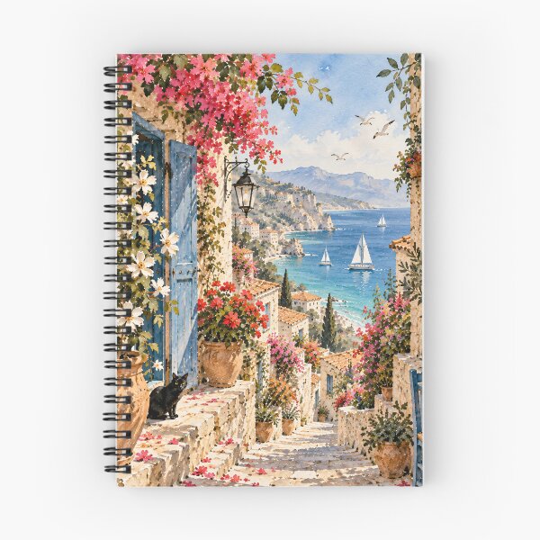 Item preview, Mediterranean Alley Watercolour Painting Bougainvillea Sea View designed and sold by Jozefin's Studio.