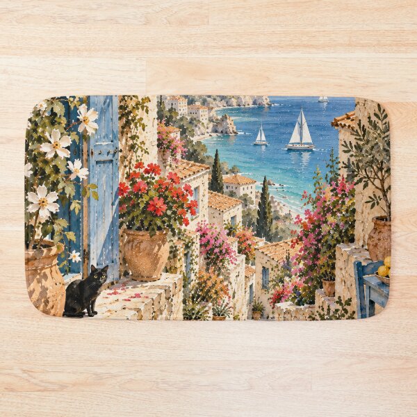 Item preview, Mediterranean Alley Watercolour Painting Bougainvillea Sea View designed and sold by Jozefin's Studio.