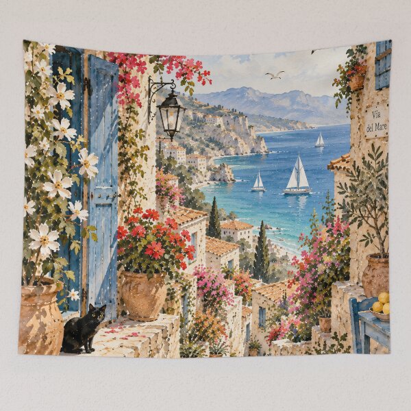 Item preview, Mediterranean Alley Watercolour Painting Bougainvillea Sea View designed and sold by Jozefin's Studio.