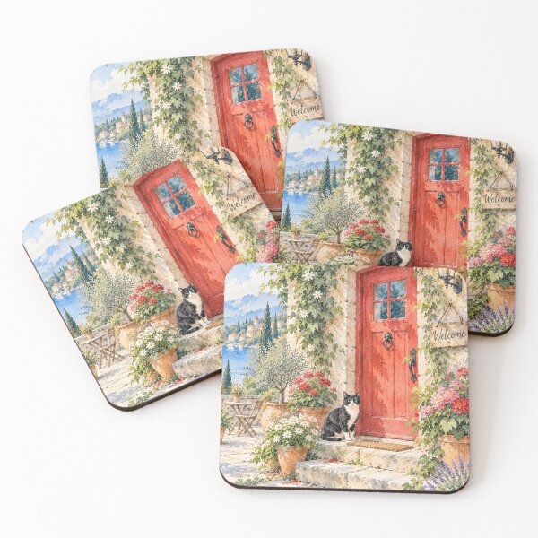 Item preview, Mediterranean Cat Watercolour Cottage Red Door Florals designed and sold by Jozefin's Studio.