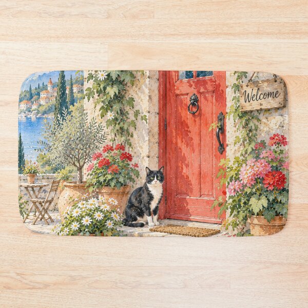 Item preview, Mediterranean Cat Watercolour Cottage Red Door Florals designed and sold by Jozefin's Studio.