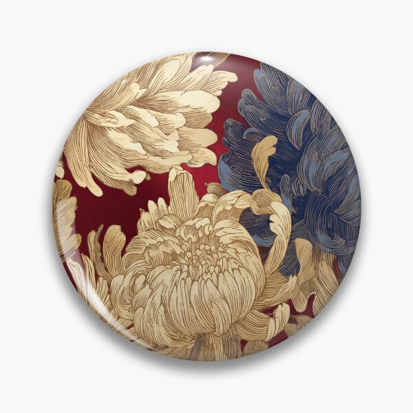 Item preview, Chrysanthemum Brocade — Gold and Indigo on Crimson designed and sold by Bodique.