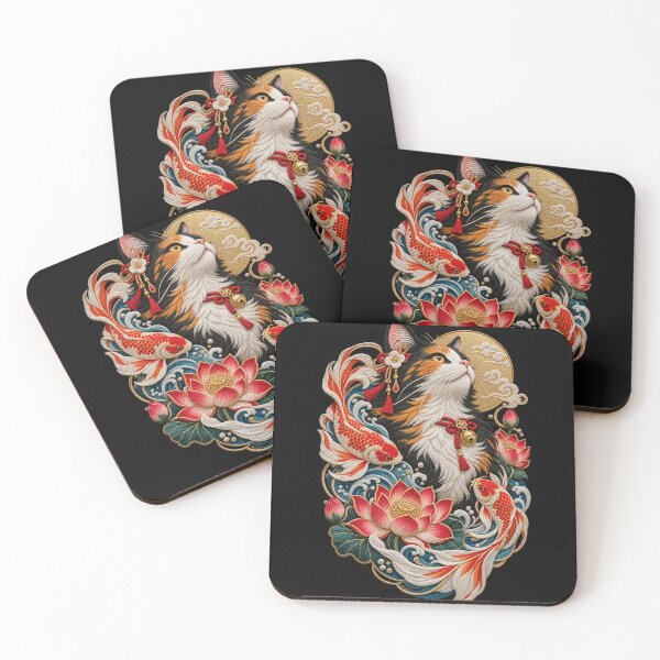 Item preview, Japanese Cat Embroidery – Calico Cat, Koi Fish, Lotus & Ocean Waves designed and sold by Emoji Emblems.