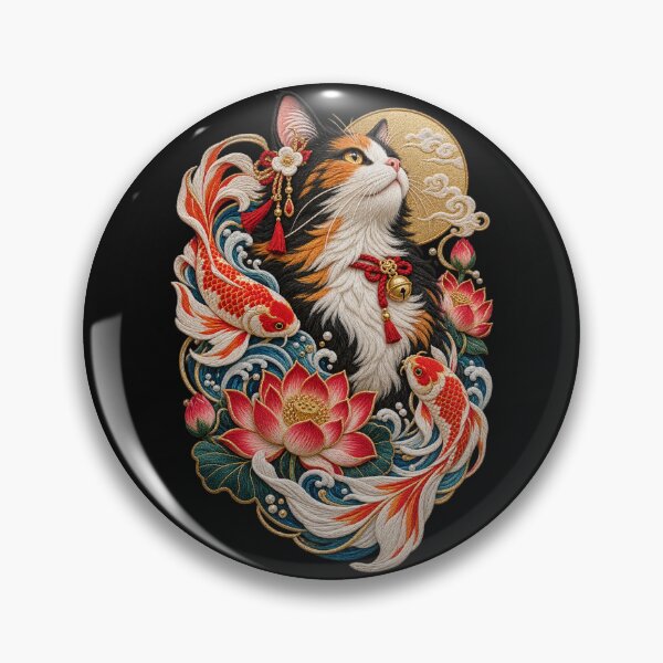 Item preview, Japanese Cat Embroidery – Calico Cat, Koi Fish, Lotus & Ocean Waves designed and sold by Emoji Emblems.