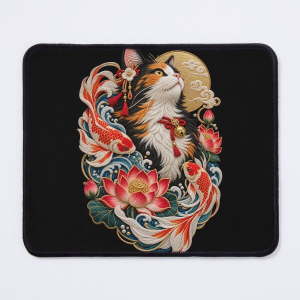 Item preview, Japanese Cat Embroidery – Calico Cat, Koi Fish, Lotus & Ocean Waves designed and sold by Emoji Emblems.