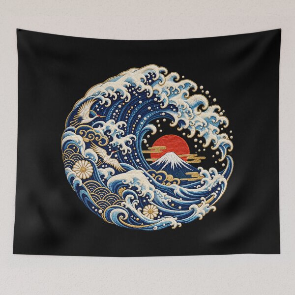 Item preview, Japanese Wave Embroidery – Mount Fuji, Cranes & Rising Sun Art designed and sold by Emoji Emblems.