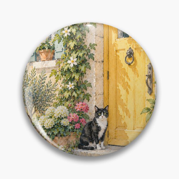 Item preview, Mediterranean Courtyard Oil Painting Yellow Door Cat designed and sold by Jozefin's Studio.