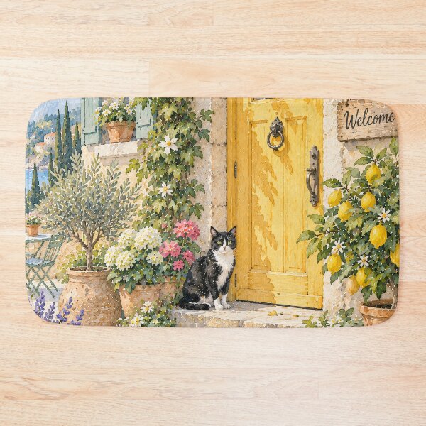 Item preview, Mediterranean Courtyard Oil Painting Yellow Door Cat designed and sold by Jozefin's Studio.